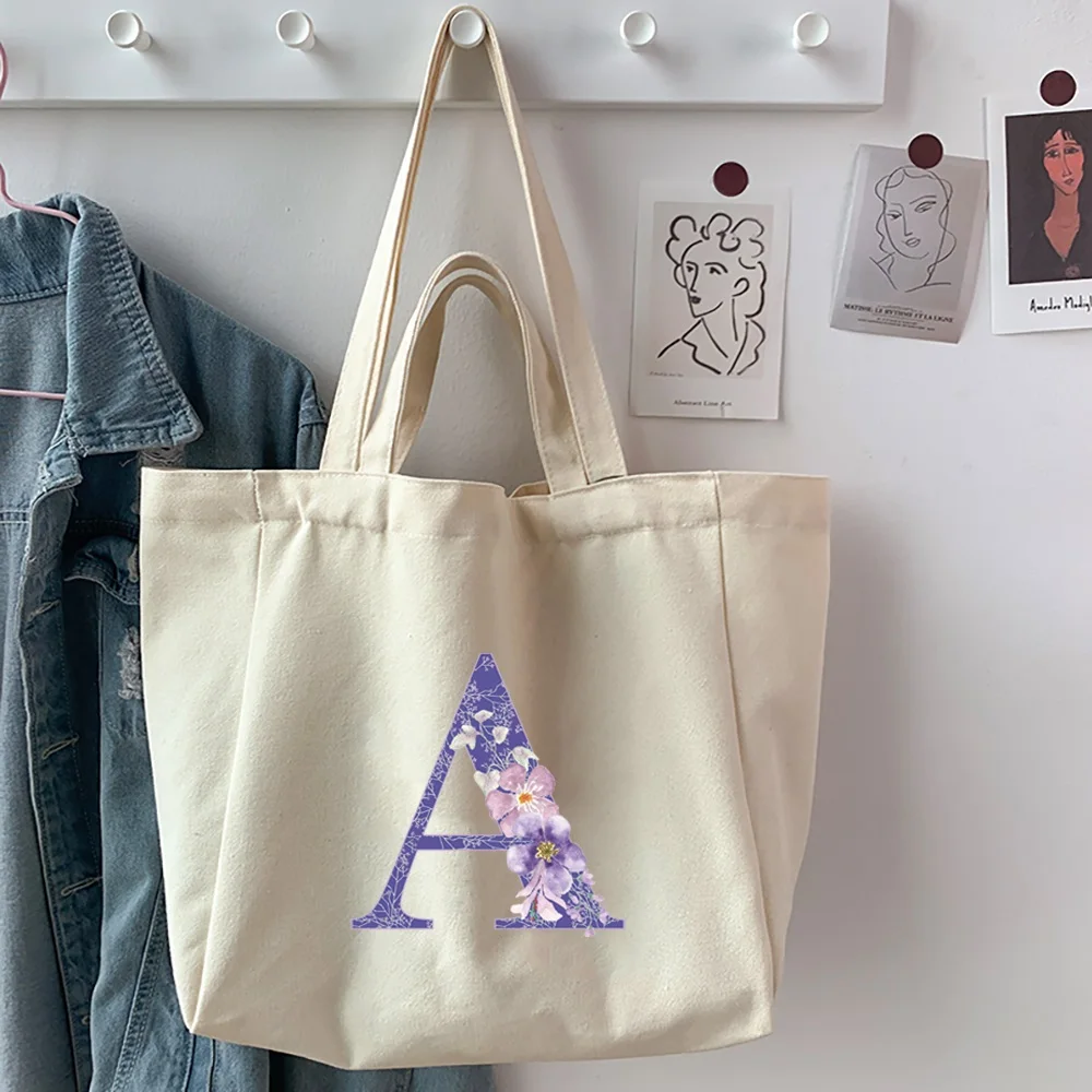 Shopping Bag Tote Folding Pouch Handbags Convenient Canvas Purple Flower Letter Printed Shoulder Bags Reusable Casual Handbag
