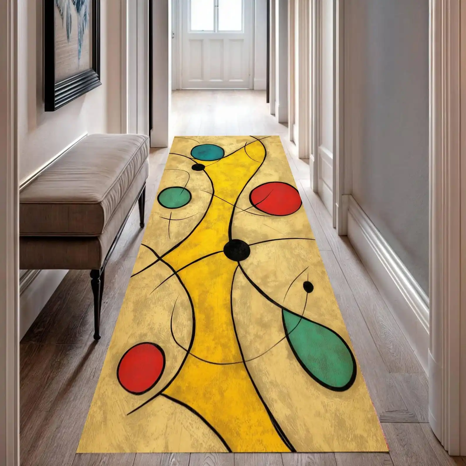 Mid Century Abstract Geometric Runner Rug  Modern Colorful Circle Line Art Print Non Slip Long Hallway Floor Mat