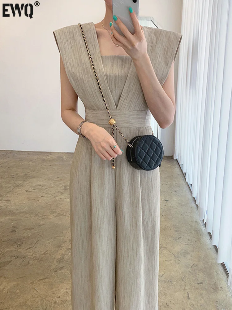 

[EWQ] Temperament Elegant Square Collar Sleeveless Waist Closing Casual Wide Leg Jumpsuit 2024 Spring New Women Romper 16T441