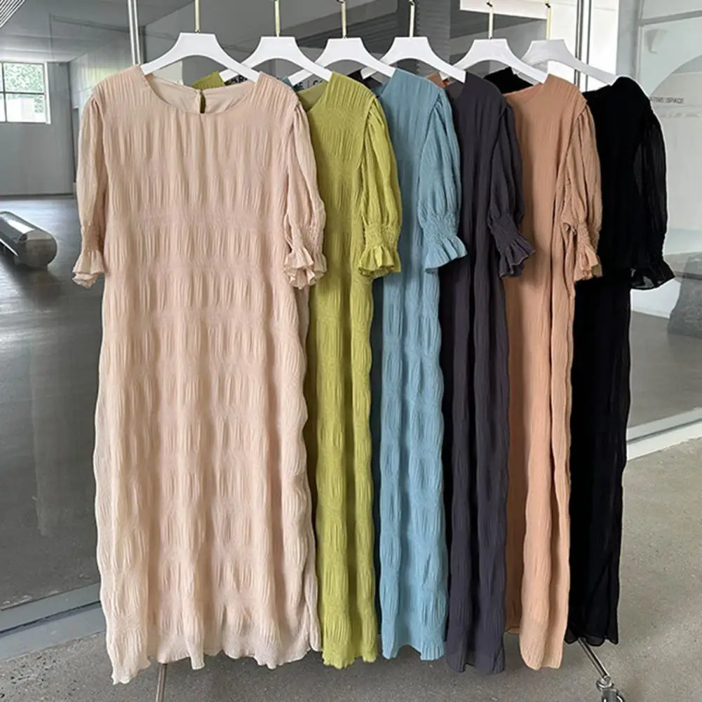 

Fashion Summer Dresses 2024 Short Lantern Sleeves Chiffon Textured Loose Patchwork Ruffle Party Dating Maxi Dresses for Women