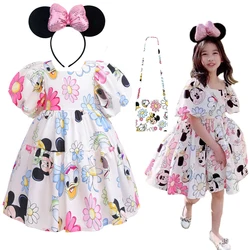 Disney Mickey kız elbise çocuklar yürümeye başlayan Mickey Minnie Mouse papatya karikatür puf kollu elbise Backless sevimli elbiseler