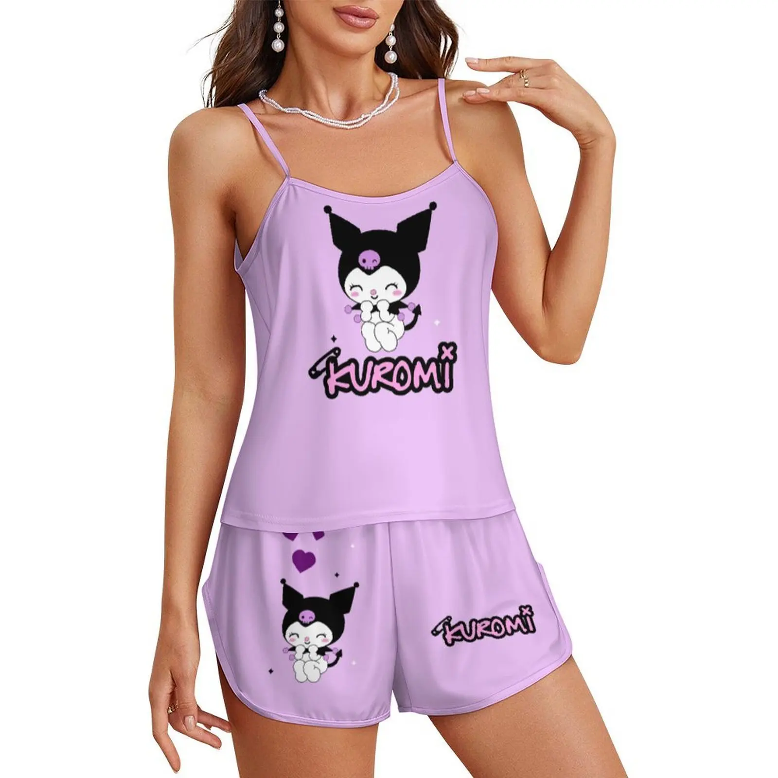 

Kuromi Pajama Set Women Sanrio Cartoon Strap Pyjamas Cute rabbit Sleepwear Suit Ice Silk Homewear Soft Nightclothes Top Shorts