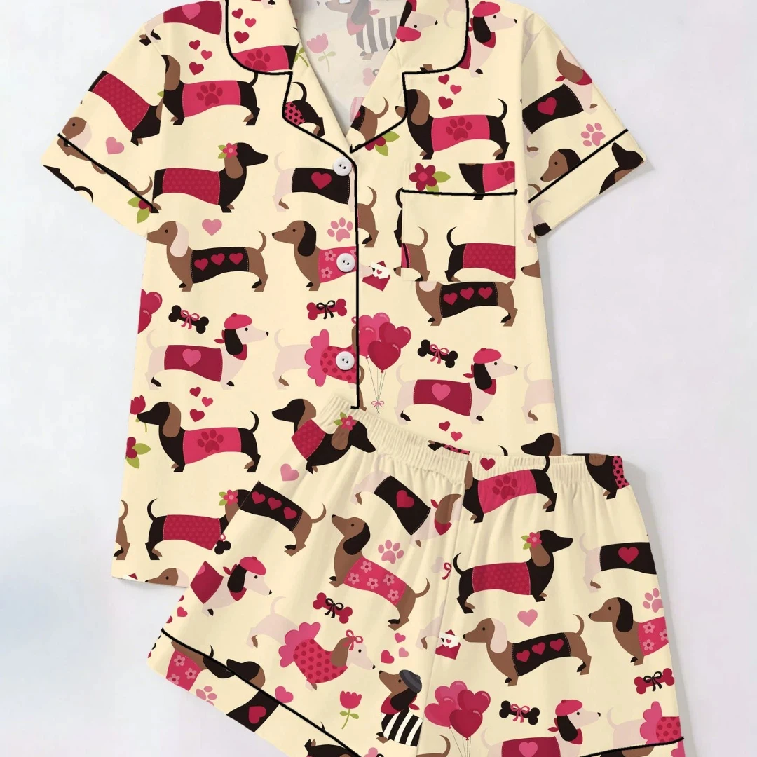 

Yellow Women Pajama Set Animal Themed with Dog Lapel Shorts-sleeved and Shorts Pants Home Wear Gifts