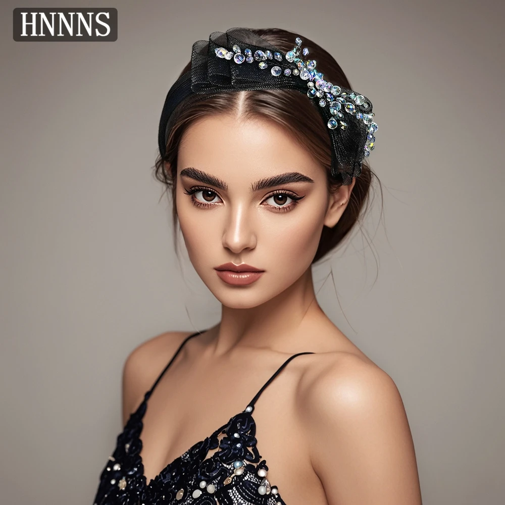

HNNNS Black Mesh Bow Headband Bright Crystal Headdress Simple Hollow Headpiece Banquet Party Dating Hair Accessories A117