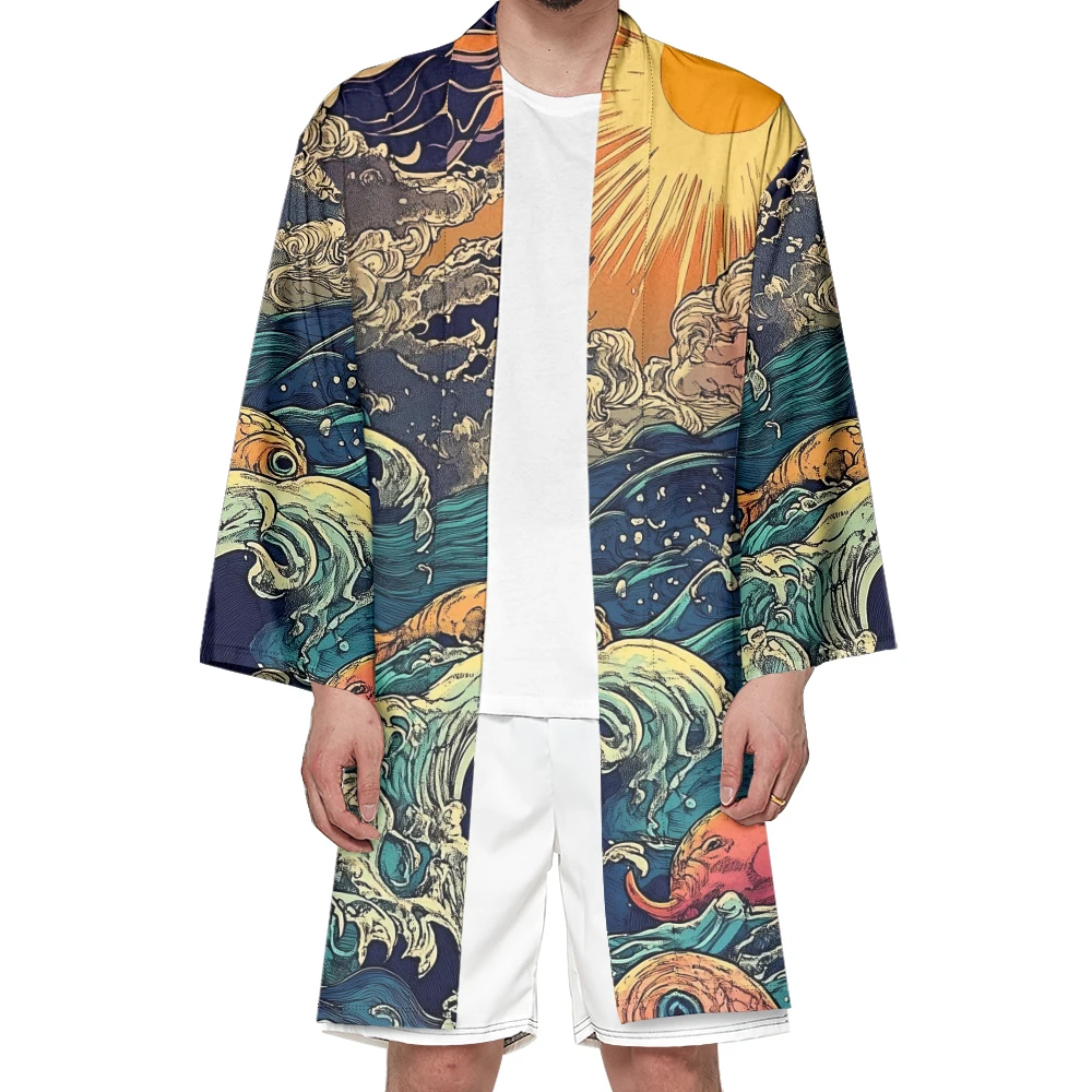 Herbst Samurai Kimono Cosplay japanische Mode lange Kimono Unisex stilvolle Haori Kimonos lässig Yukata Cardigan Wave Print Robe