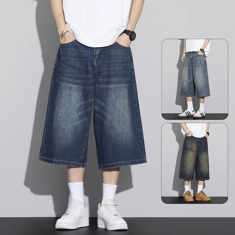 

New Oversize Men's Baggy Jeans Y2k Fashion Vintage Loose Denim Shorts Summer Washed Streetwear Wide-leg Calf-Length Pants