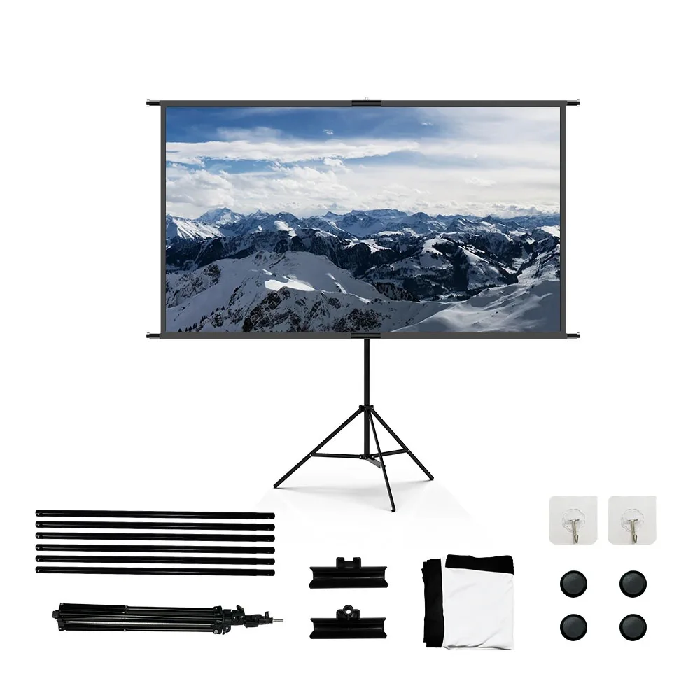 Tela de suporte triangular único de 100 polegadas. Fácil de guardar e transportar. Fácil instalação e desmontagem.