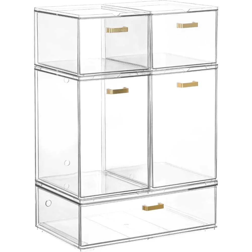 

Set of 5 Stackable Clear Storage Drawers for Beauty Supplies Makeup Vanity Kitchen Cabinet Pantry Organization