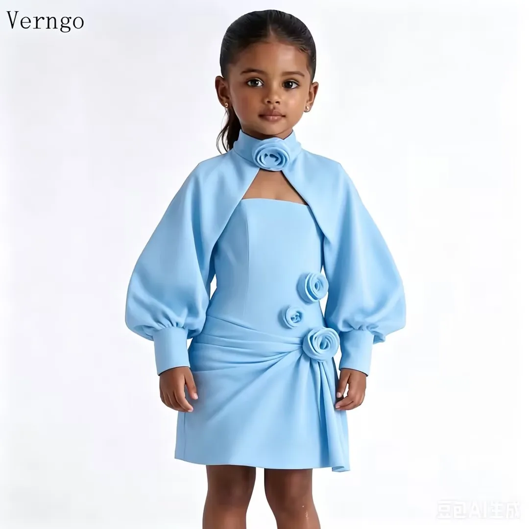 Verngo Simple Burgundy Mini Girl Fowers Dress Crepe Red Pleated Birthday Party Dresses Long Sleeves Kid Outfits Customized - view 4