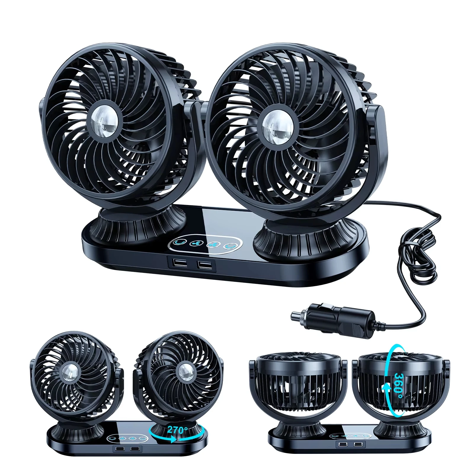 Universal 12V 24V Dual Head Car Fan Electric Oscillating Auto Cooling Fan 3 Speed Touch Control Dual USB Port for All Vehicles