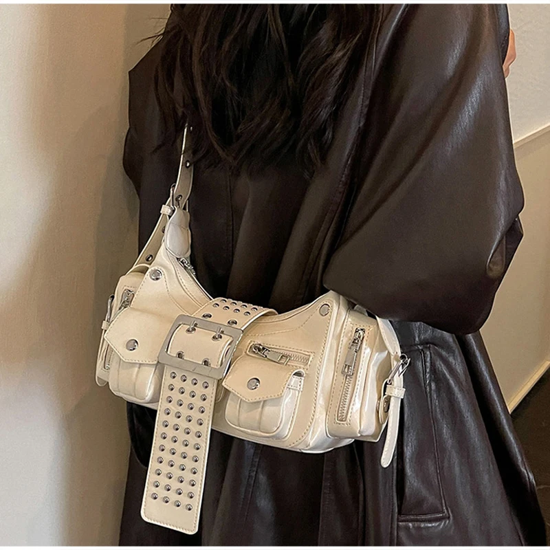 Mehrtaschen-Schultertasche mit Metallnieten, Damen-Punk-Unterarmtasche mit Nieten, Motorrad-Y2k-Mädchen-Umhängetasche mit Gürtelschnallendesign – Detail 10