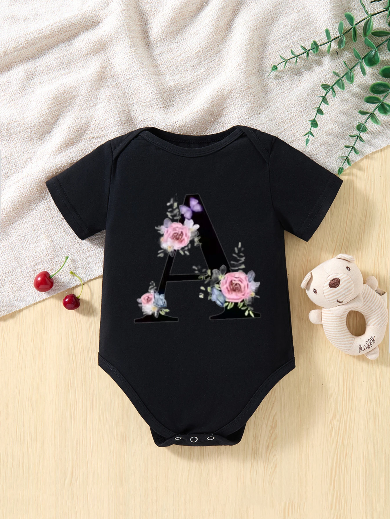 

​Children's Black Bodysuit Floral Letter A with Pink Blue Flowers Green Leaves Purple Bow Unisex For Infants Photo Shoot​
