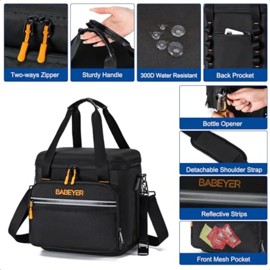 حقيبة تبريد ناعمة مع عبوتين ثلج، مبرد قابل للطي للسفر مع حزام كتف قابل للتعديل، سعة كبيرة، عزل مانع للتسرب