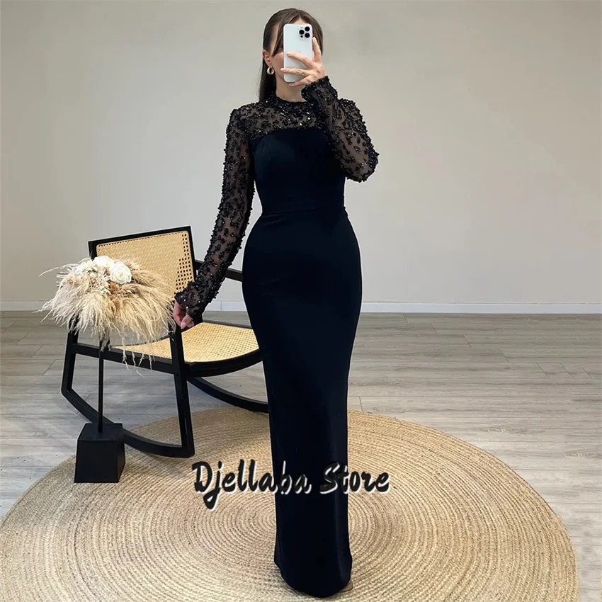

Black Evening Dress Robe De Soiree Customized High Neck Long Sleeves Shinny Beading Sequined Sheath Dancing Party Gown