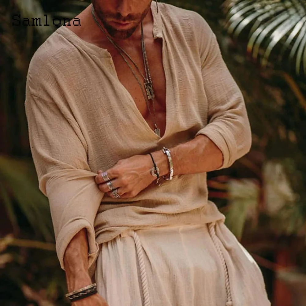 2025 Summer New Pullover Shirts Sexy V-neck Blouse Men Casual Beach Shirt blusas Plus Size Mens Fashion Street Tops Camisa Khaki