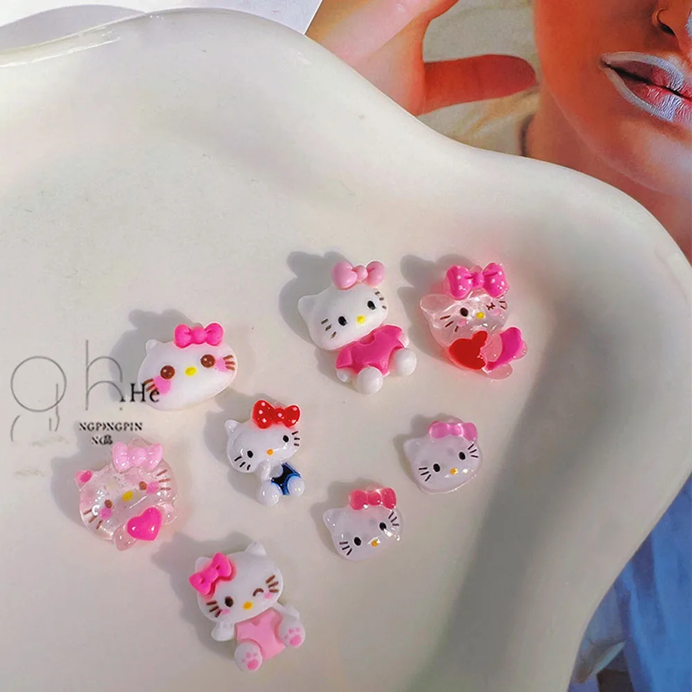 10pcs Miniso Hello Kitty Mini Nail Charms 8 Styles Transparent Glitter Hello Kitty Resin Nail Art Decorations Nail Accessories &