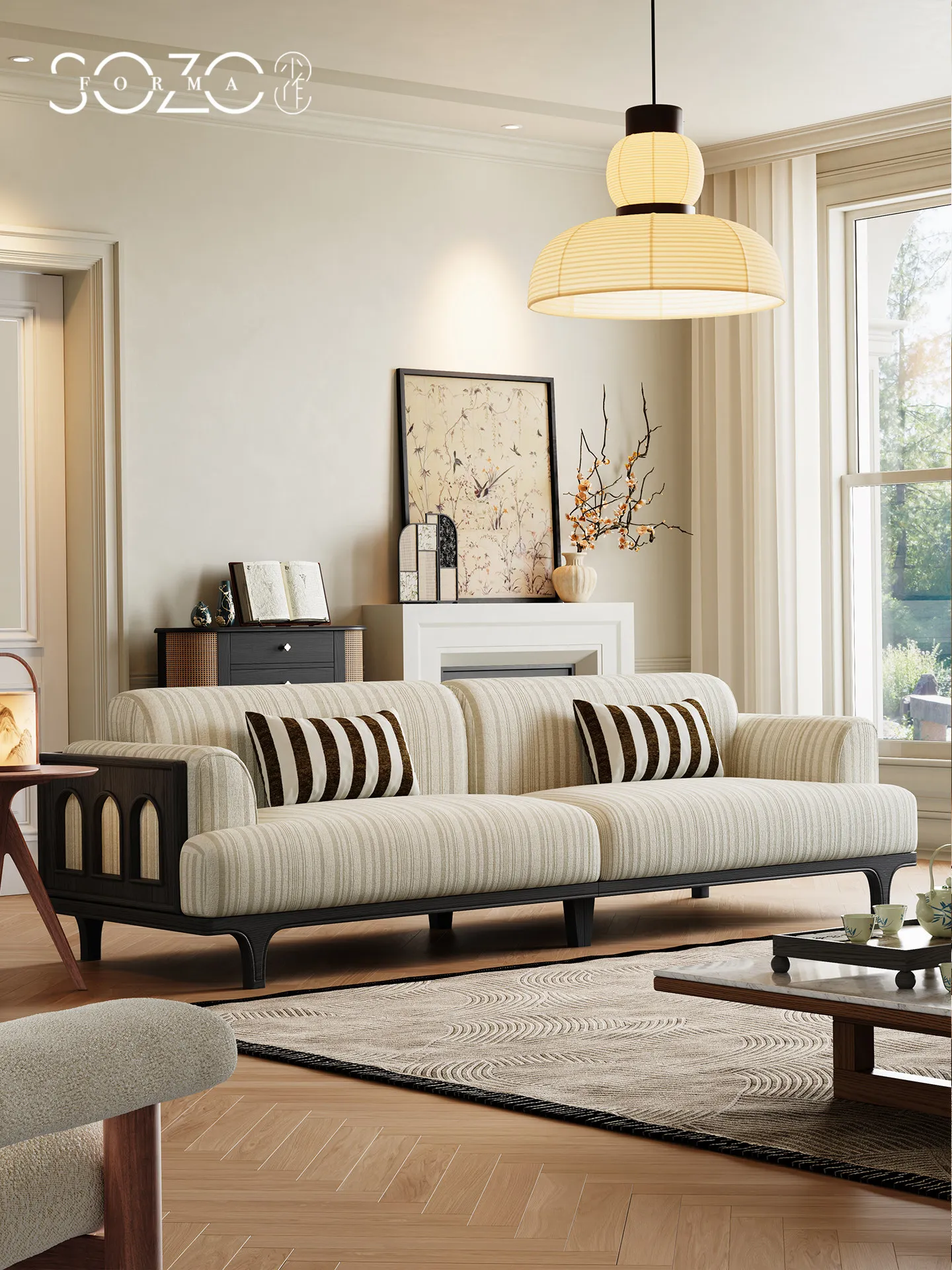 

PYJ Song's aesthetic retro solid wood sofa antique straight row fabric sofa in the living room