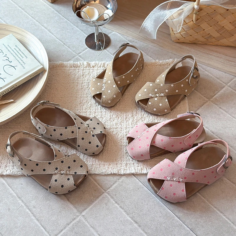 Summer Boys Girl's Sandals Polka Dot Cover Toe Casual Kid's Flat Shoe Solid Colors Anti-slip Daily Chic Children Shoes 7-12Y