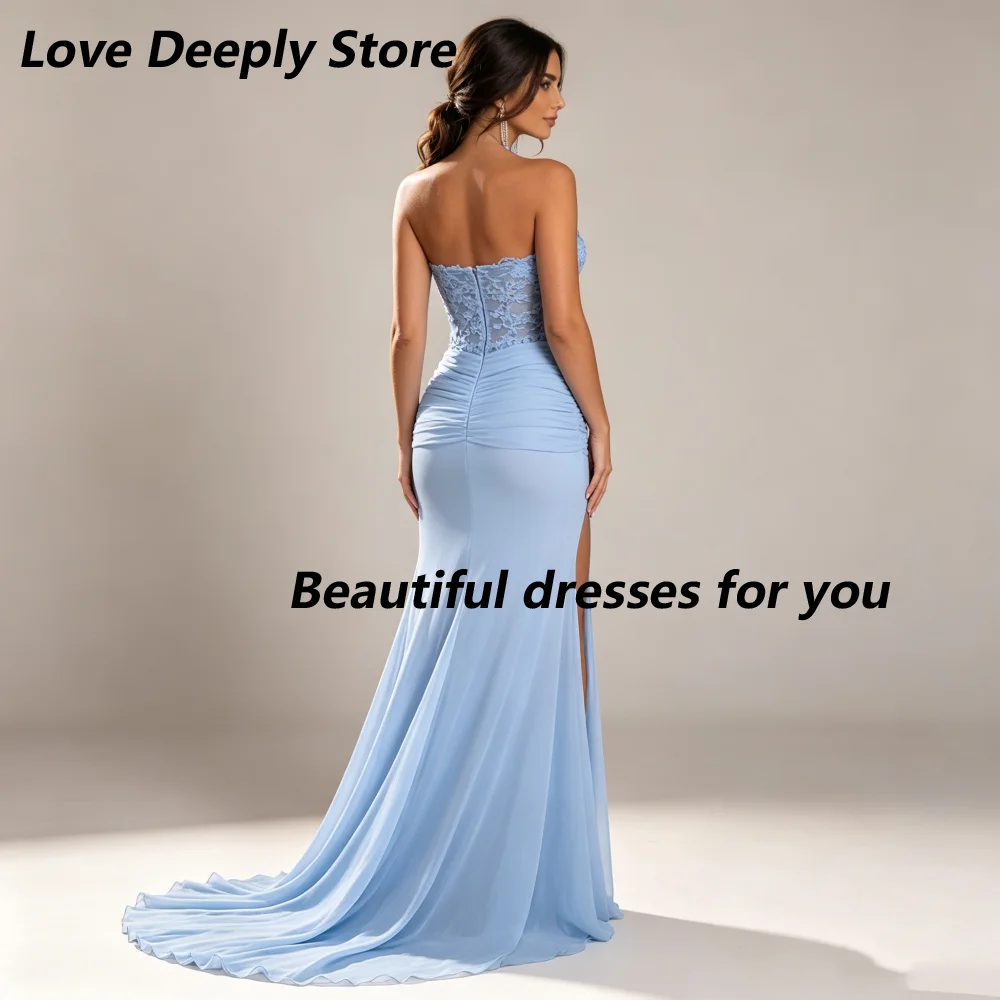 Customized Sky Blue Mermaid Mother Of The Bride Gown Strapless Appliques High Split Chiffon Cape Scarf Wedding Guest Dress