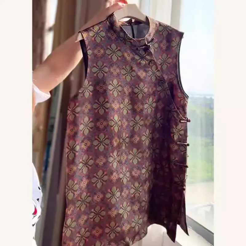 

Элегантный жилет кофейного цвета с принтом, женская модная рубашка в китайском стиле, новая летняя коллекция, воротник-стойка, длинный рукав