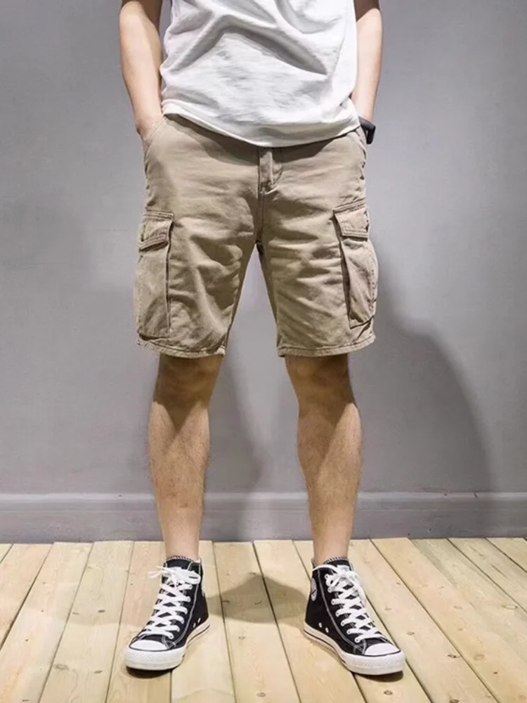 Short cargo en sergé tissé multi-poches rétro américain pour hommes, mode masculine, 100% coton lavé, pantalon droit décontracté 5 points, été, nouveau