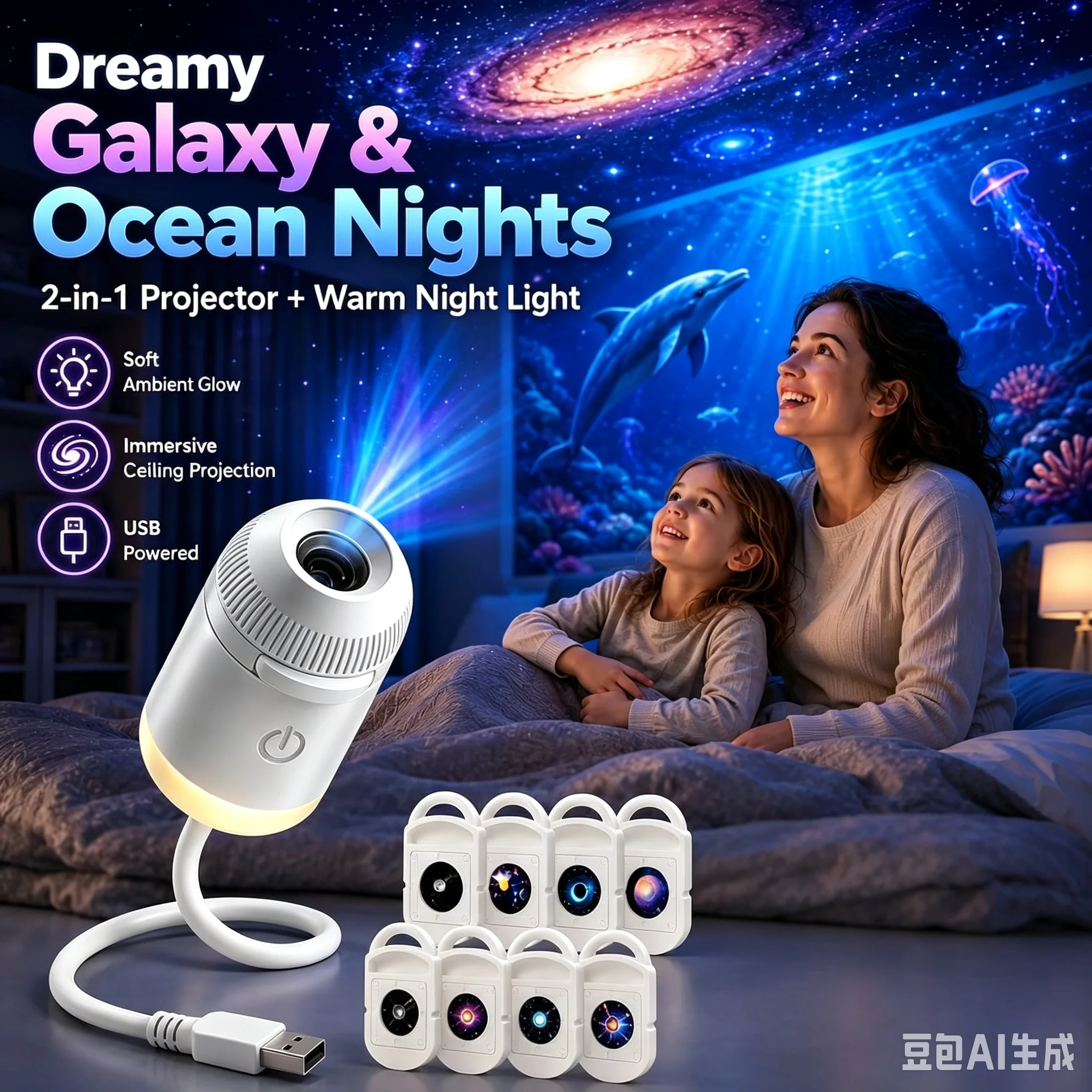 HD Smart Dynamic 5D Holographic Night Light Projector, 2-in-1 HD Plug and Play Galaxy Projector Portable Night Light Projector