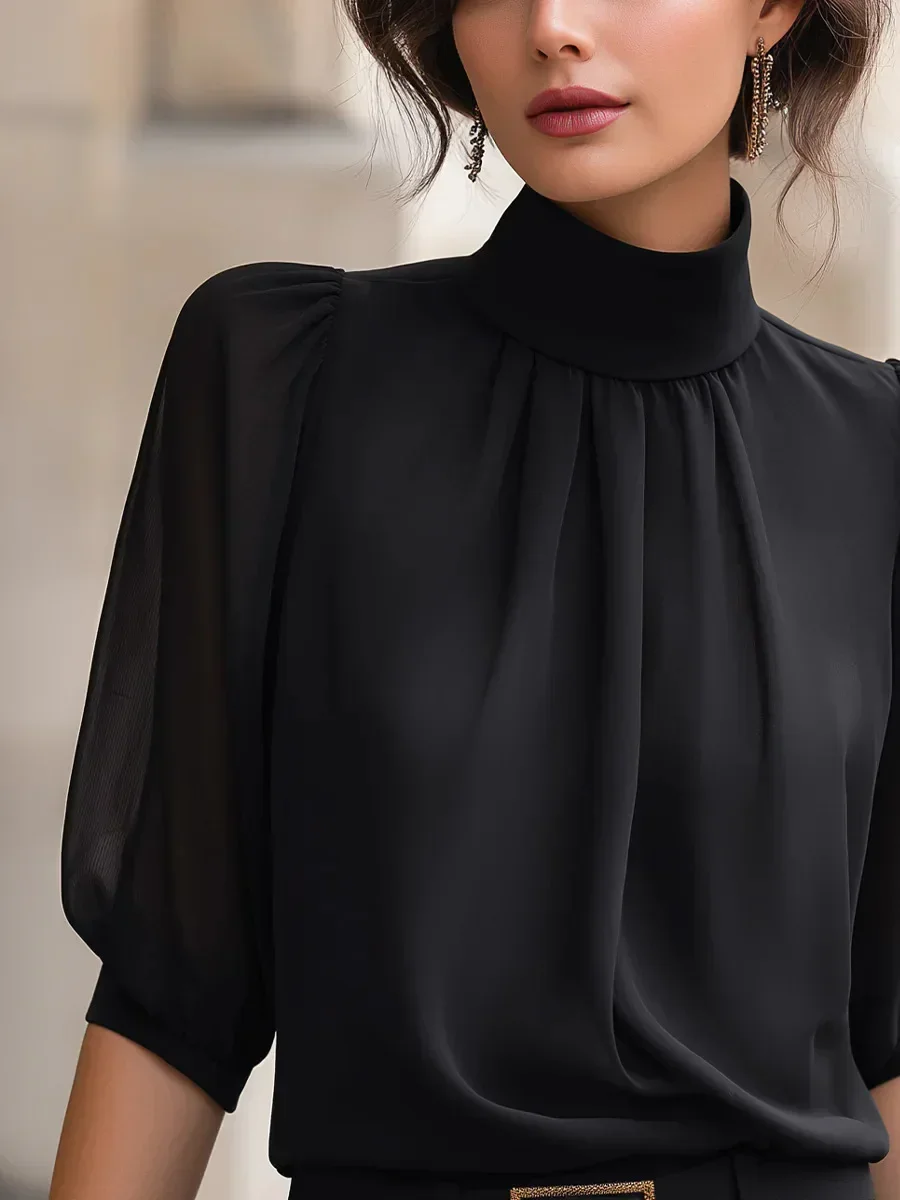 Damen-Bluse mit Stehkragen, Puffärmeln, 3/4-Länge, Falten und Drapierung vorne, aus Chiffon, elegant für Büro und Arbeit, lässige Oberteile für Damen – Detail 6