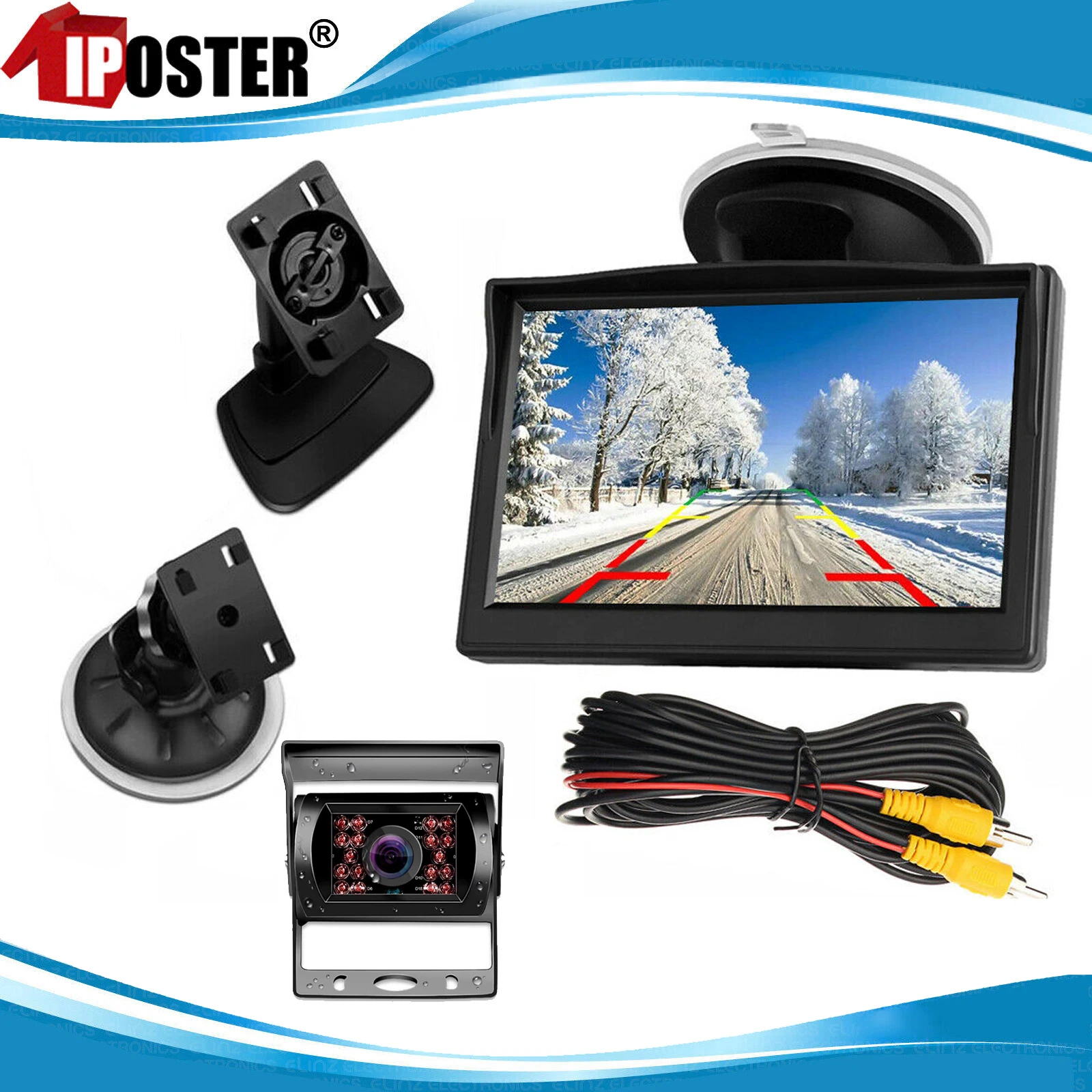 

iPoster 5"LCD Color Rear View Monitor 800*480 Windscreen Suction 18 IR Backup Reversing Camera RCA Connector 10m Av for Truck RV