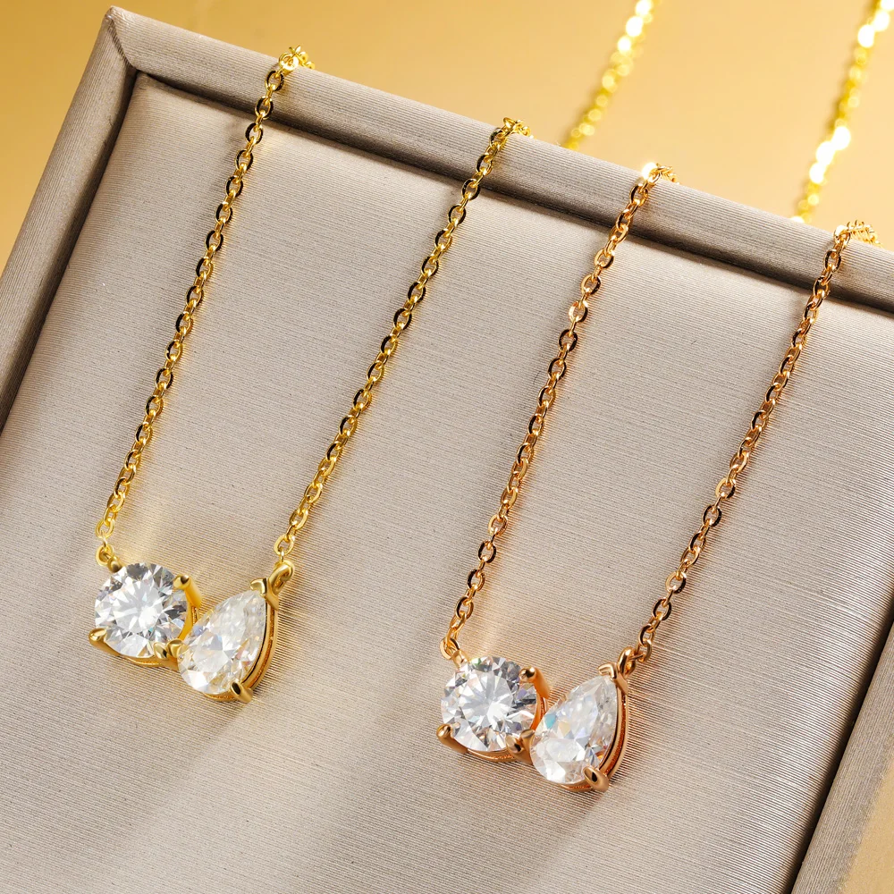 1CT Round & Teardrop Moissanite Pendant Necklace for Women 925 Sterling Silver 18k Gold Plated Neck Chain Wedding Jewelry GRA