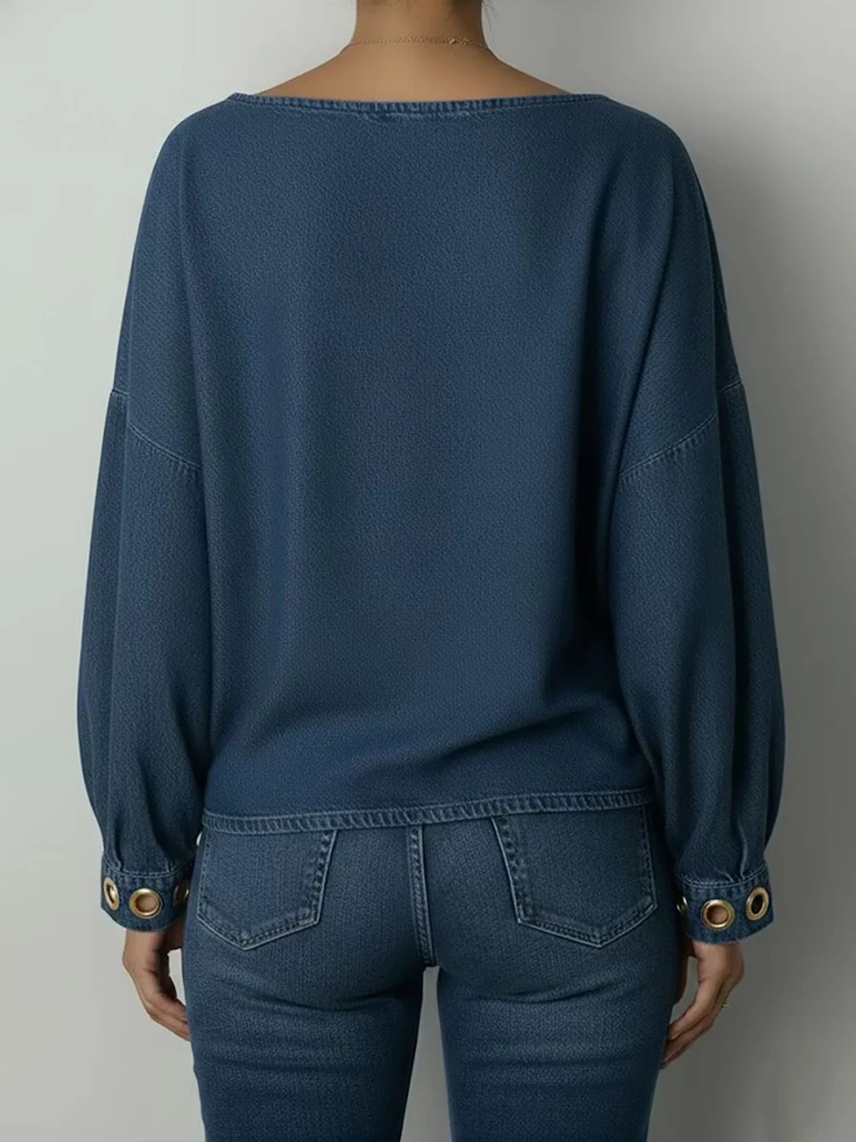 Women Metal Eyelet Rivet Decor Denim Blouse Vintage Boat Neck Long Lantern Sleeve Loose Casual Streetwear Western Shirt Tops