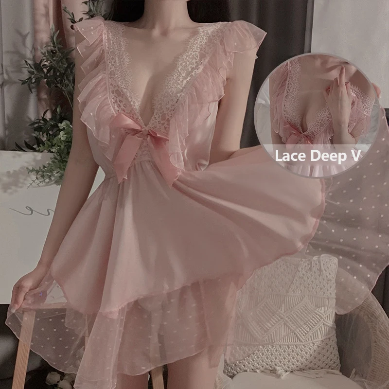 Sweet Girl Princess Nightgown Transparent Polka Dot Lace Pajamas Sexy Leisure Beautiful Back Cute Lolita Kawaii HomeWear Pajamas