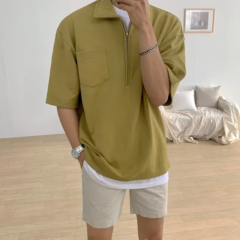Pop Korean Style Polo Shirts Men's Summer New Fashion Turn-down Collar Short Sleeve Zipper Casual Trendy Vintage Loose T-shirts
