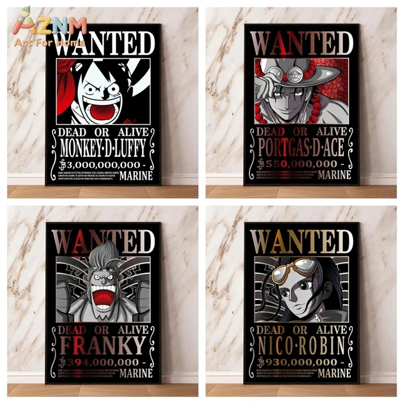 AZNM One Piece Luffy Ace Franky Nico Robin Dark Wanted Bounty Poster Anime Frameless Canvas Wall Art, Black Gold Retro Manga Hom