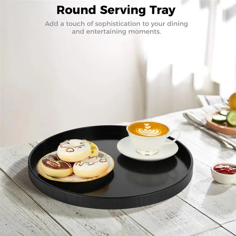 Round Wood Tray Solid Wood Serving Tray Non-Slip Round Tea Tray Food Meals Serving Tray Raised Edges Kitchen Bar Serving Tray