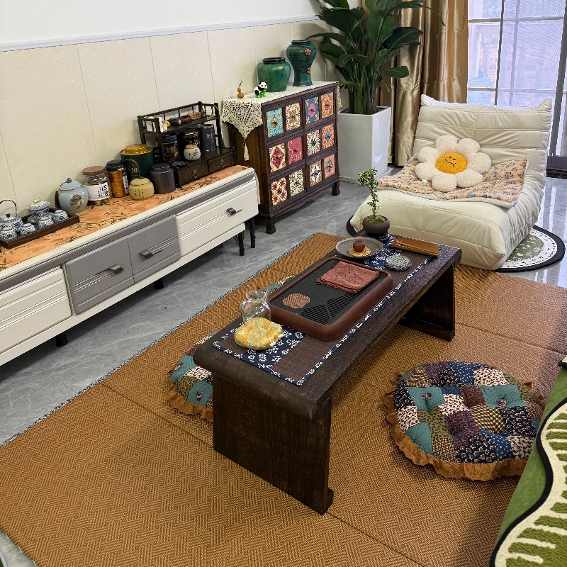 Solid Wood Tatami Tea Table Vintage Bay Window Kotatsu Folding Charcoal Tea Stand for Home Japanese Zen Low Bedroom Accent
