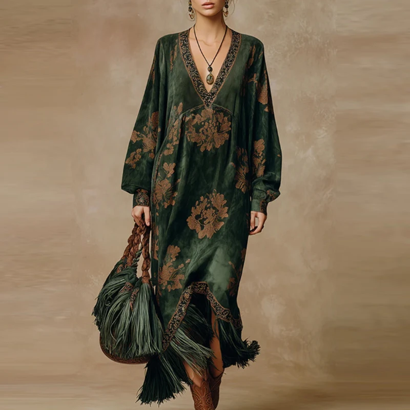 Elegant Fringe Hem Suede Bohomian Dress 2026 Sexy V Neck Long Sleeve Loose Party Dress Women Fashion Flower Print Evening Dress