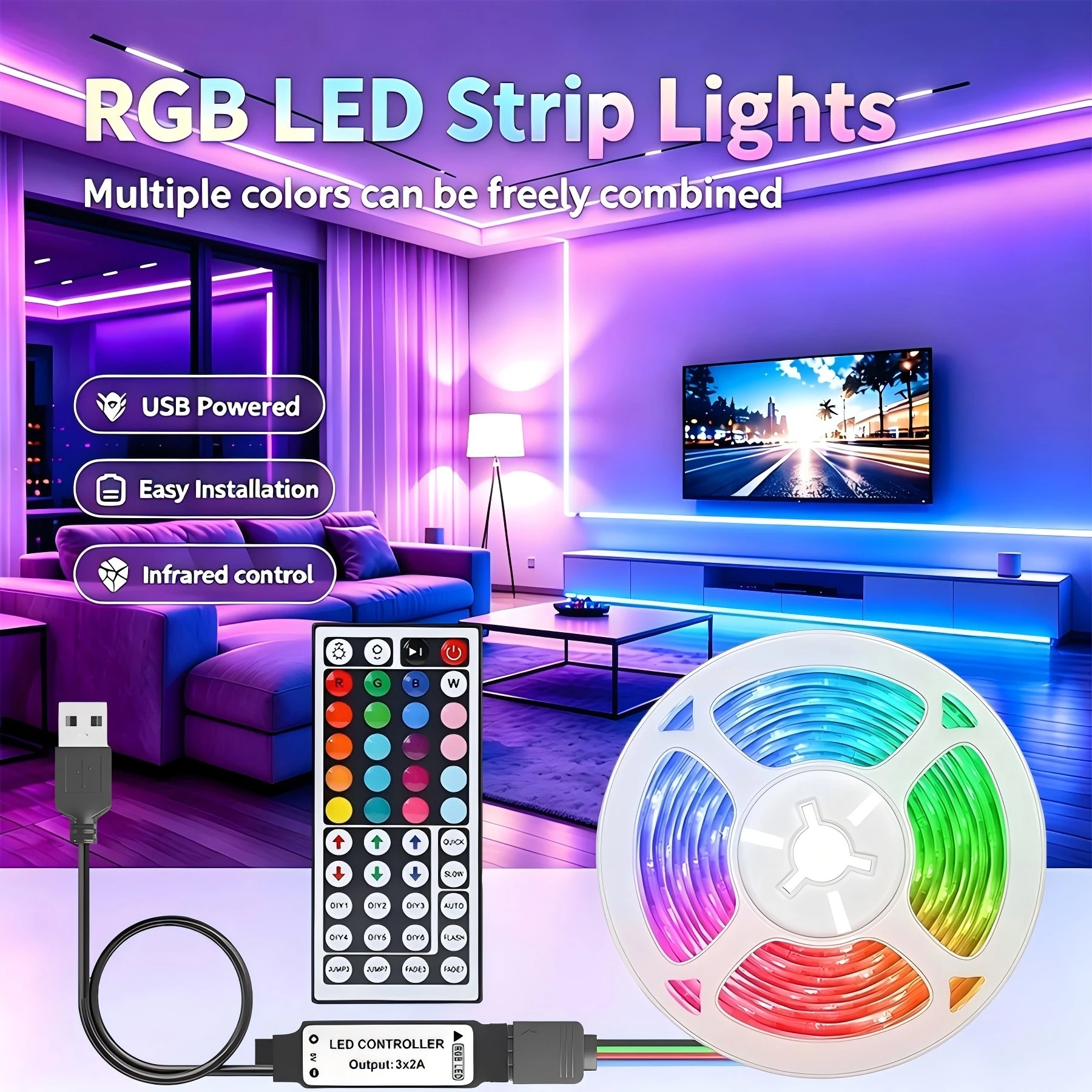 This indoor decorative RGB light strip is USB powered and suitable for use in bedside rooms, living rooms, holiday decorations.