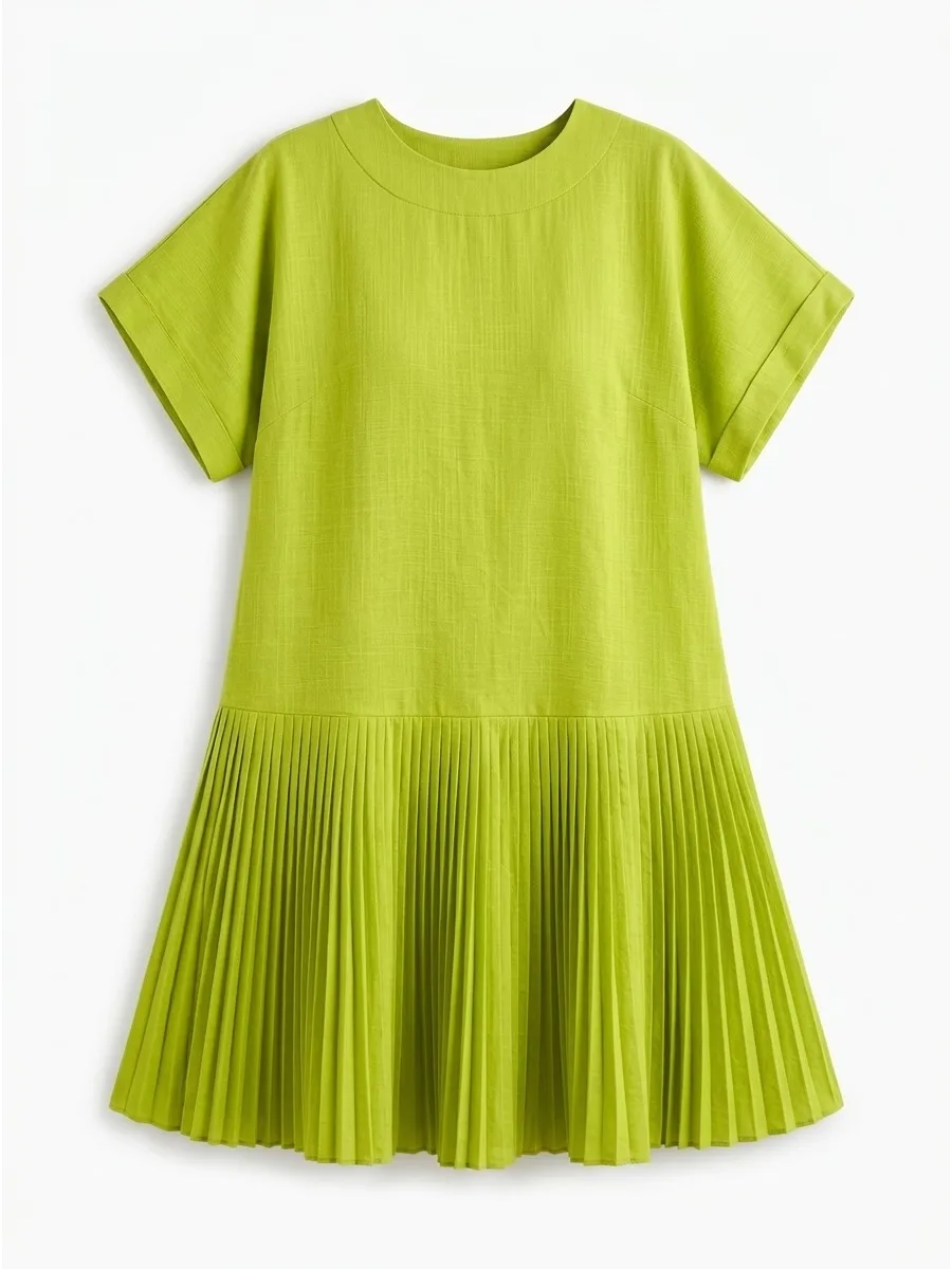 Missuoo Women Solid Green Round Neck Batwing Short Sleeve Loose Shift Dress 2026 Summer Pleated Flare Hem Casual Mini Dresses
