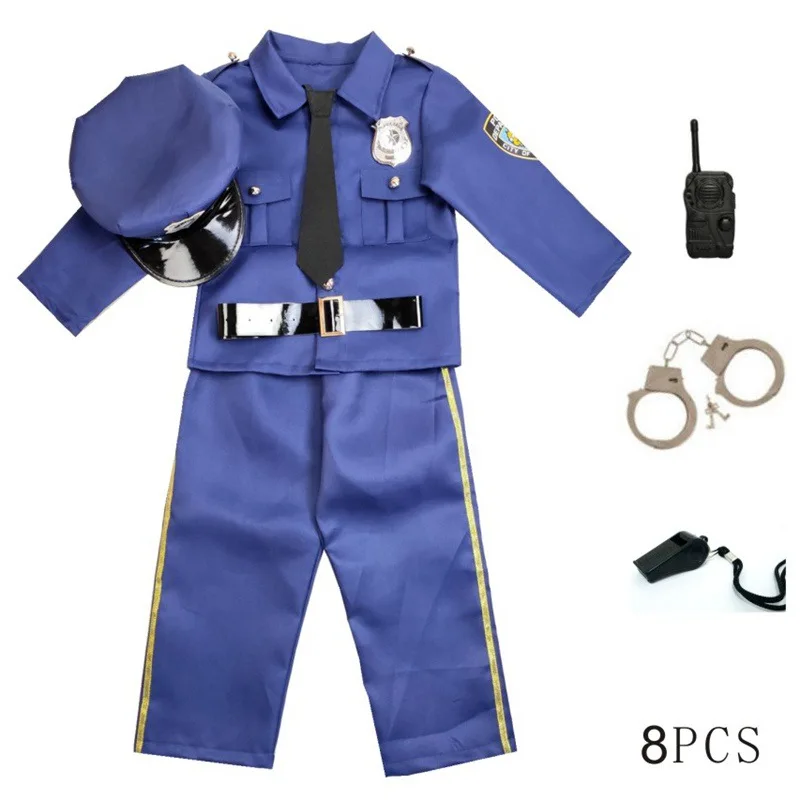 Uniforme de policía de Halloween para niños, disfraz de Policía de Nueva York, conjunto de ropa de policía, vestido de fiesta, 8 piezas