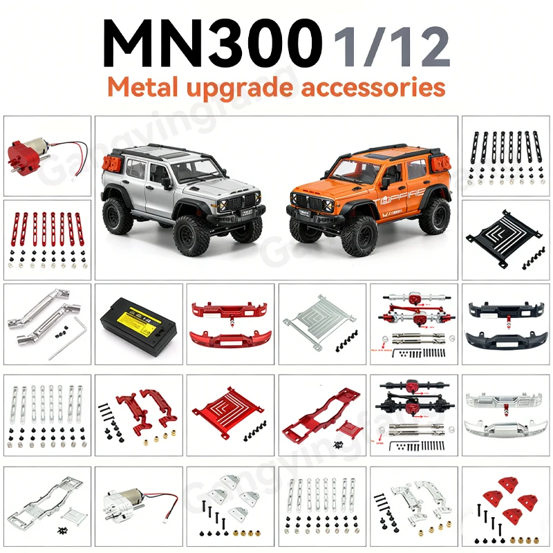 MN300 Modellauto-Upgrade-Kit mit Metallmotor, Batterie, Ruder, Anhängerkupplung, Getriebewelle, Vorder- und Hinterachsen für verbesserte Leistung