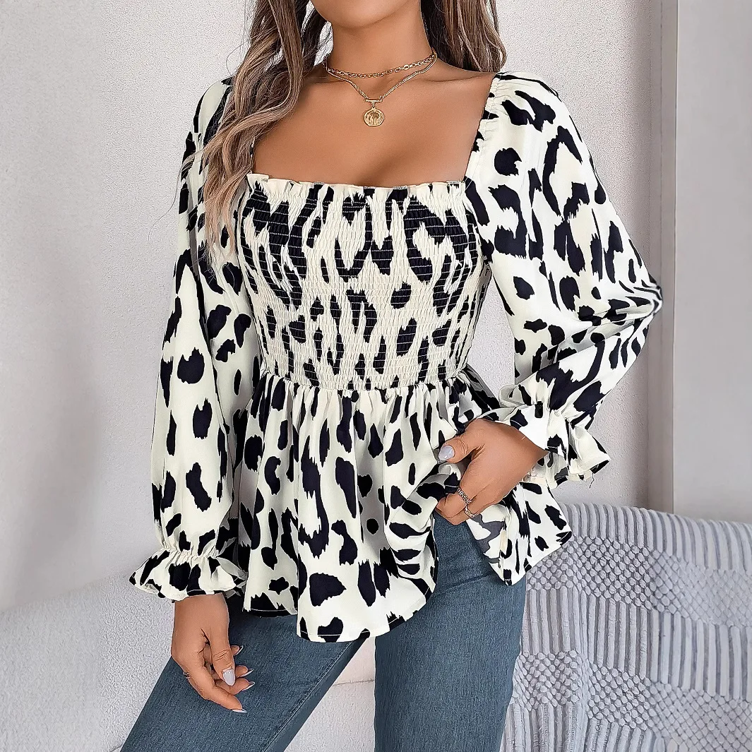 Frauen Bluse Leopard Print Top Quadrat Kragen Flare Hülse Essbaren Baum Pilz Blusen Chiffon Hemd Herbst Büro Dame
