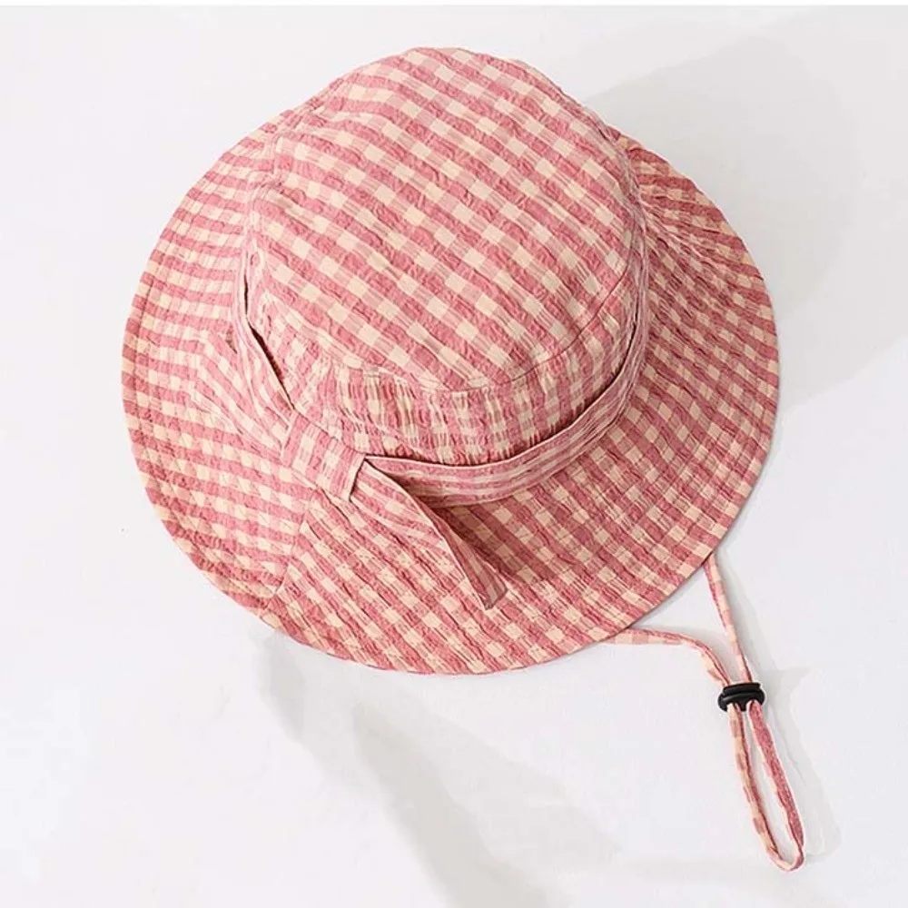 Korean Style Fine Plaid Fisherman Hat Bow Versatile Sunscreen Basin Cap Wide Brimmed with Windproof Rope Folding Sun Cap Women