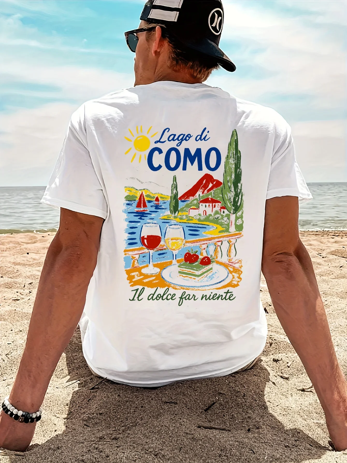 Camiseta Vintage Italiana con Estampado de Vacaciones en el Lago de Como para Hombre, 100% Algodón, Cuello Redondo, Manga Corta, Estilo Casual