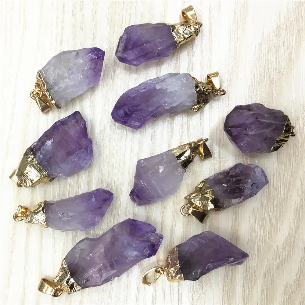 New Hot Fashion Natural Stone Pendant&Necklace Raw Ore Amethysts Purple Crystal Stone Reiki Pendants 6pcs Wholesale Gold Plating