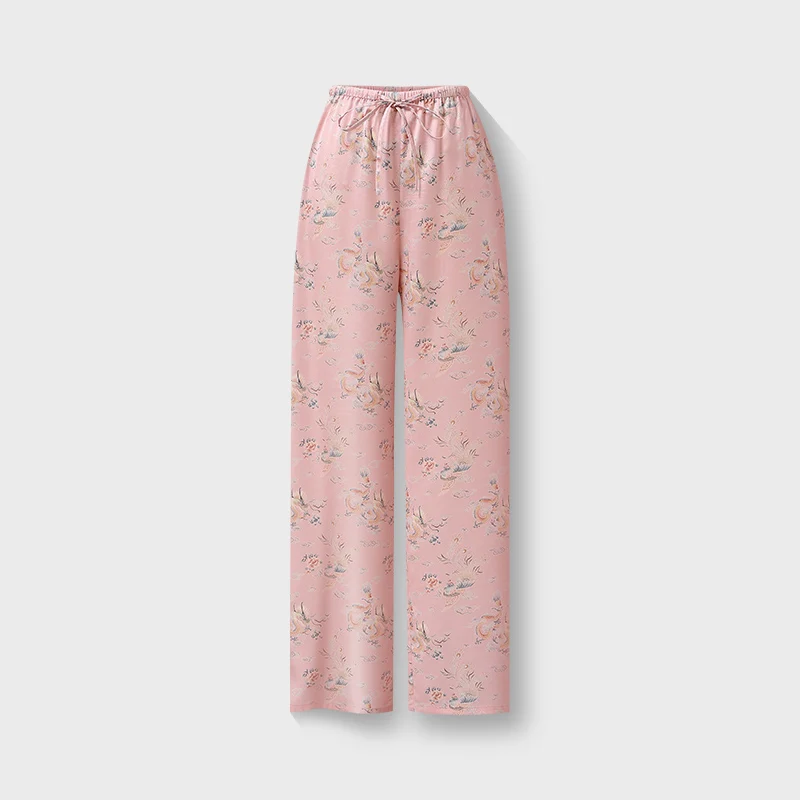 

Pink Retro Print Straight Leg Wide Leg Pants Summer Ladies Thin Dstring Long Trousers High Waist Casual Pants for Women