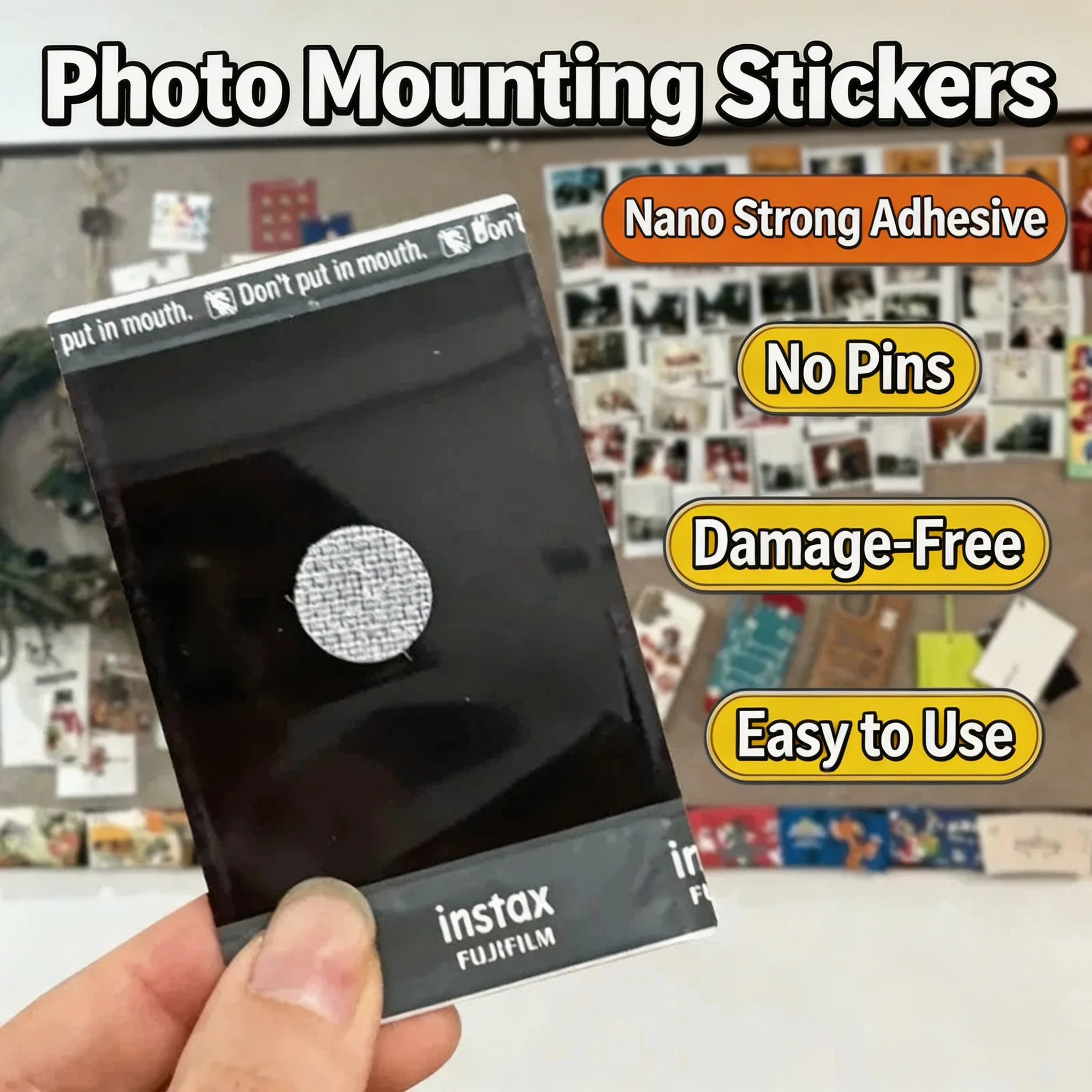 Hook & Loop Photo Mounting Stickers, Damage‑Free Removable Wall Adhesive Dots for Photos, Posters, Instax Mini Pictures and Home