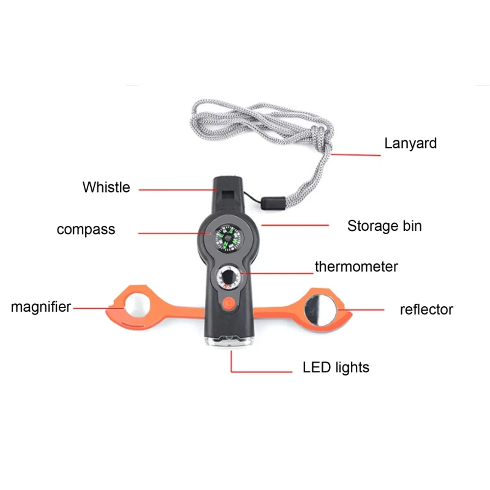 7 in 1 Military Survival Whistl Outdoor Keychain with Compass Magnifier Thermometer Travel Camping Hiking Accessory flashlight