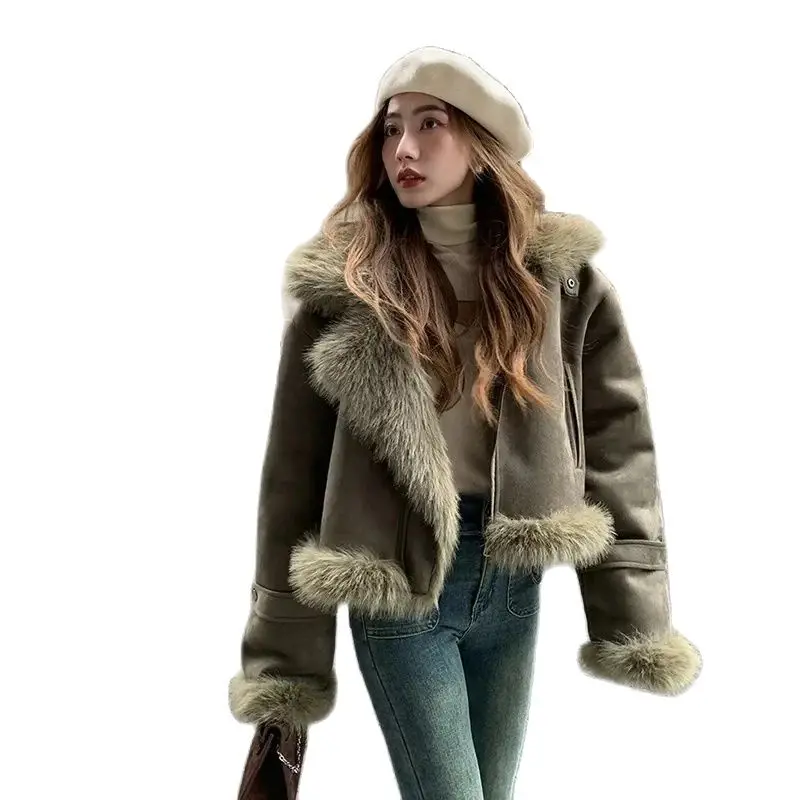 Streetwear Women Double-sided Fur Coat Suede Short Jackets Faux Fox Fur Overcoat Motorcycle Outwear Lady Warm Fluff Coats Winter