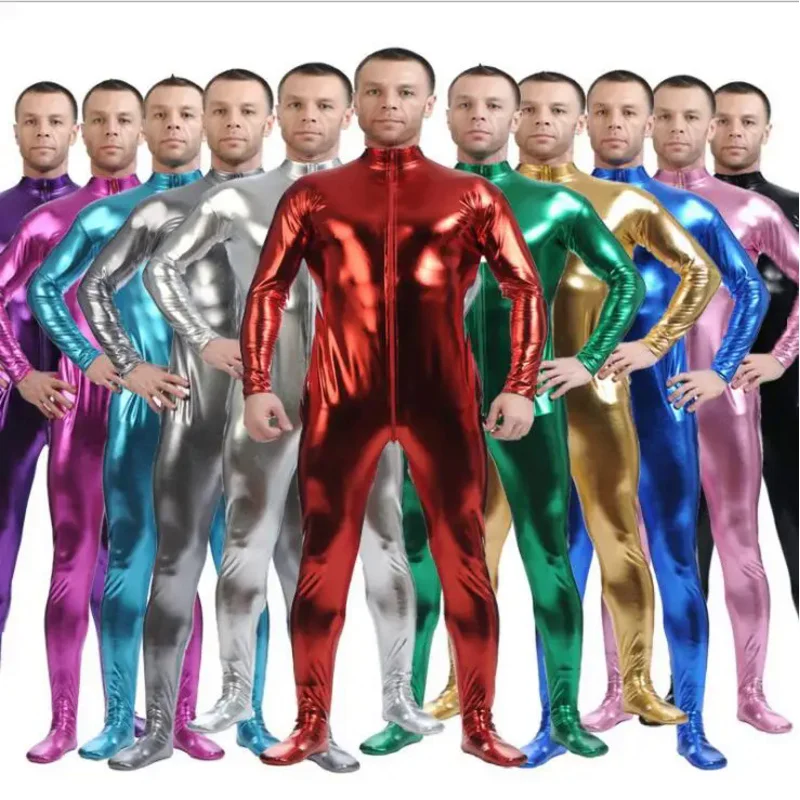 Fato de látex metálico brilhante masculino, Zentai dourado, fato de corpo inteiro, bodysuit de pele personalizado, macacão frontal com zíper, macacão preto, 2020