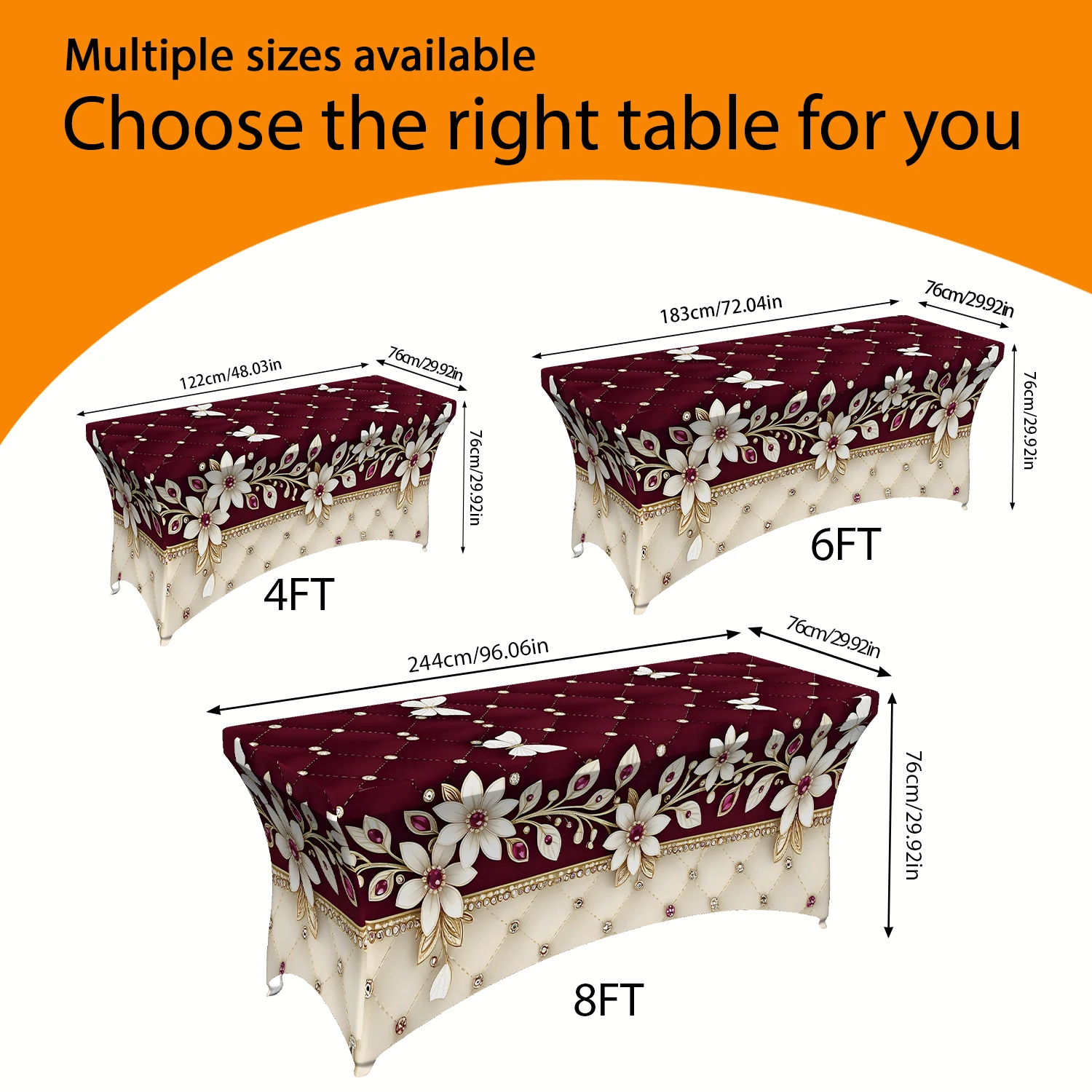 1PC Luxurious Burgundy Floral & Butterfly Printed Elastic Tablecloth, 4/6/8FT Rectangular Summer Outdoor Stretc